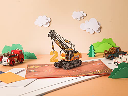 Liif Crane Truck Happy 2Nd Birthday Card | 3D Greeting Pop Up Birthday Card For 2 Years Old For Boy, Nephew, Grandson, Son, Toddler | Fun Construction Vehicle Card | Kids Age 2 Birthday Card | With Message Note & Envelop | Size 7 X 5 Inch #TOP1