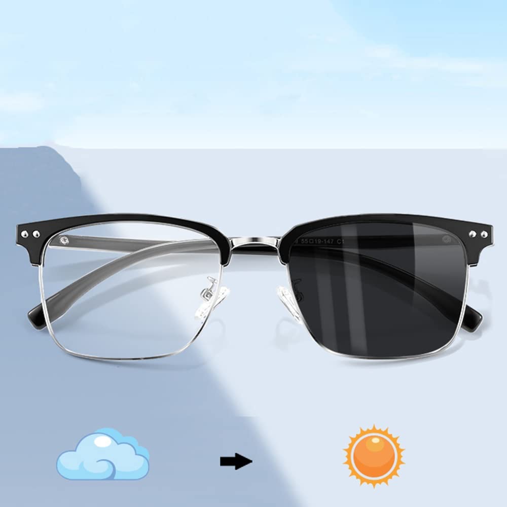 2.0 Photochrome bifokalische Lesebrille, klassische Halbrahmenleser, Sonnenbrillenetui weit und fast Doppelnutzung, Brillenetui (Farbe: Schwarz Silber, Größe: +2,50)