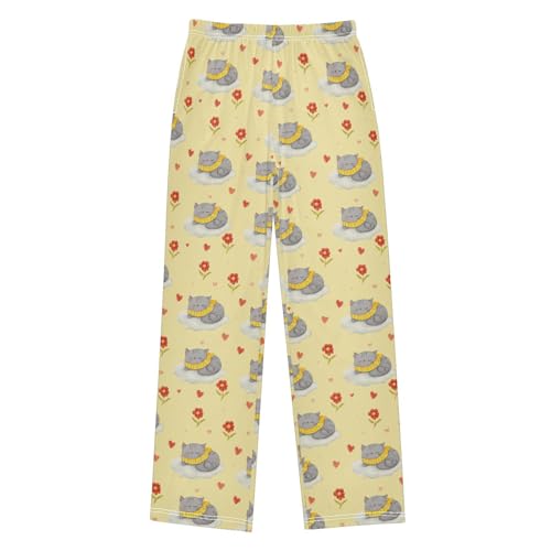 Yuiboo Cat Cloud Yellow Jogger Pajama Pants Long Soft Sleepwear Trouser Houses with Pockets 11-12Y