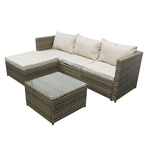 COZYBRITE Garden Corner Sofa Rattan Furniture Set 4 Seater Patio Outdoor Lounge Settee with Glass...