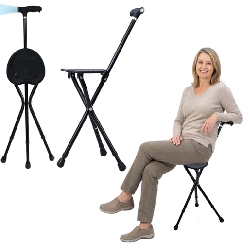 Canne Pliante avec siège et éclairage LED, Canne de Marche Robuste à Hauteur réglable pour Personnes âgées, Chaise-Canne en Alliage d'aluminium avec poignée...