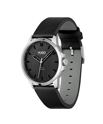 Hugo #First Men's Quartz Stainless Steel And Leather Strap Casual Watch, Color: Black (Model: 1530188) #TOP1