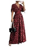OYOANGLE Women's Summer Casual Bohemian Leopard Print Short Sleeve V Neck Cheetah Long Maxi Dress Red XL