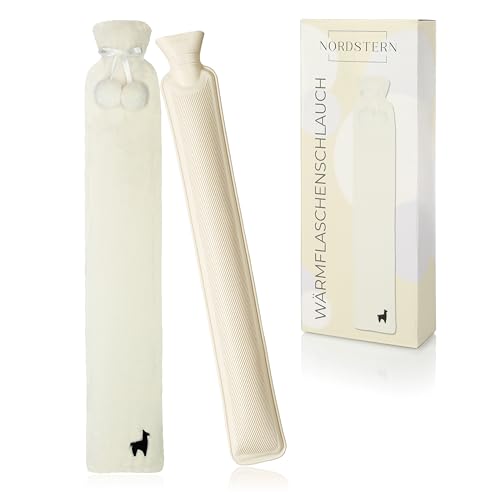 Nordstern Wärmflaschen Schlauch Lang mit Bezug - Flauschige Nackenwärmflasche für die Schultern - Längliche Auslaufsichere Bettflasche 75 cm -...