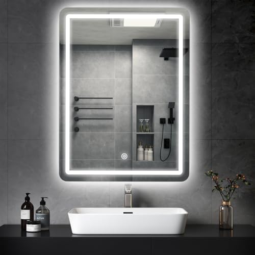 MYGIIVOVO Espejo de Pared para baño, Espejo de baño con iluminación, Espejo con luz LED, Interruptor táctil y 3 Colores Regulables (70 L x 50 B)