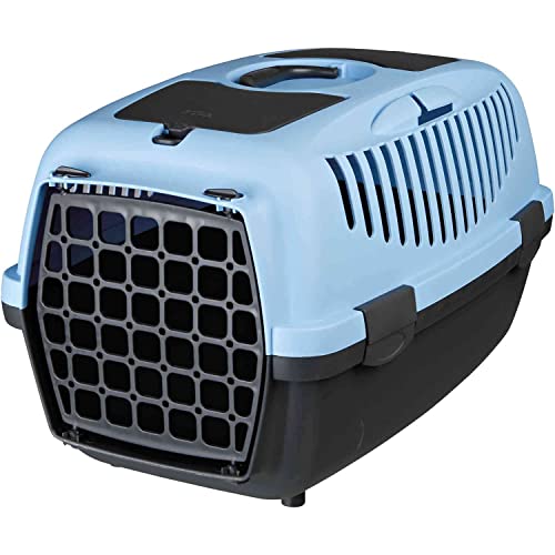Image of Trixie Capri Durable Plastic Pet Carriers with Handles, Storage Trays, and Stroking Flaps (Dark Grey /Pastel Blue, XS-S, Capri 2)