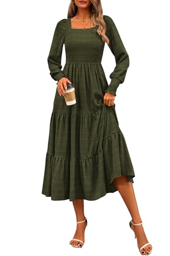 CFLONGE Women's Fall Dresses 2025 Puff Long Sleeve Square Neck Dress High Waist Smocked A-Line Flowy Wedding Party Maxi Dress