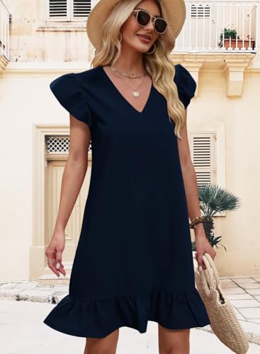 Image of QACOHU Spring Summer Dresses for Women 2026 V Neck Cap Sleeve Ruffle Hem Smock Short Casual Beach Dress