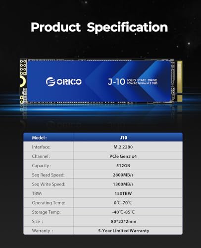 Image of ORICO M.2 NVMe SSD 512GB with Heatsink, Up to 2800MB /s PCIe Gen3x4 2280 Internal Solid State Drive, SLC Cache 3D NAND, Compatible with Laptop and PC Desktops -J10