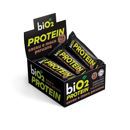 Barra de Proteína biO2 Protein Cacau, Maca Peruana e Pasta de Amendoim, Caixa com 12 unidades de 45 g, Vegana e sem Glúten