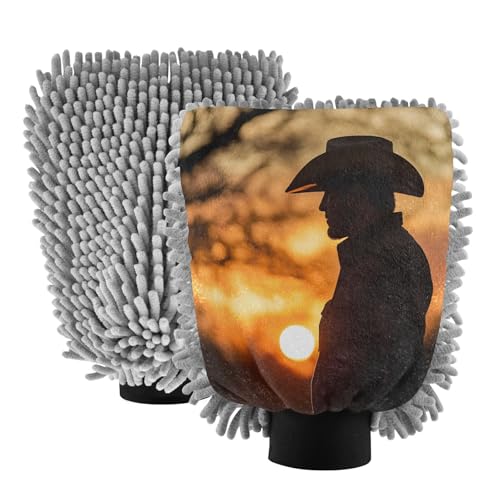STAYTOP American Cowboy Man Car Wash Mitt Microfiber, 2Pcs Scratch Free Lint-Free, Premium Chenille Microfiber Mitt Car Wash Brush-L