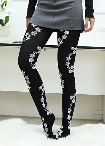 Image of Erinaco Women's Flower Pattern Sheer Footed Pantyhose Control Top Tights Stockings with Reinforced Toes