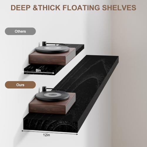 Image of 60 Inch Extra Deep Floating Shelves Set of 3-12 inch Wide Solid Paulownia Wood Wall Mounted Shelves, Black Wood Finish, Heavy Duty Long Display Ledge for Kitchen, Living Room & Home Office