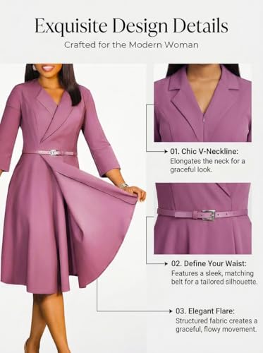 Image of Elainone Women 3 /4 Sleeve Casual Swing Flared A Line Dress Wedding Guest Semi Formal Office Work Dresses with Belt