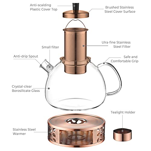 ecooe Tetera de Vidrio 1500ml, Tetera de Vidrio con Colador de Bronce Extraíble de Acero Inoxidable - Imagen 4