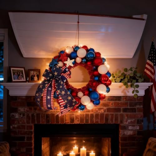 HipTree 16 Inch Patriotic Ball Wreath for Front Door with Lights, 4th of July Wreath with Red White Blue Stars & Ribbon for Memorial Day, Independence Day,Veterans Day, Flag Day,Summer Decorations — view 6