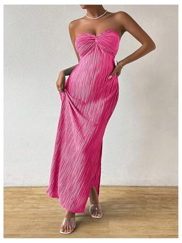 Image of Milumia Women's Twist Front Strapless Bodycon Dress Summer Split Thigh Maxi Tube Dresses Vacation Outfits