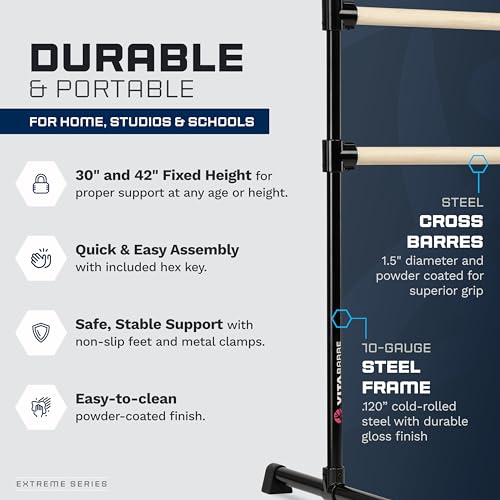 VITA Barre Portable Freestanding Double Ballet Barre, Extreme, 10 Ft Bars, Black, Wood | Fixed Height, Made in USA, Home or Gym Exercise Equipment for Kids & Adults | Dance, Fitness, Pilates - Thumbnail 3