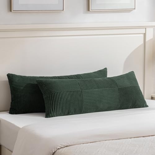 Image of Fancy Homi Set of 2 Dark Green Boho Long Lumbar Body Decorative Throw Pillow Cover 14x36 Inch for Bed Couch Bedroom Bench, Soft Patchwork Corduroy Textured Pillow Case, Rustic Farmhouse Room Decor
