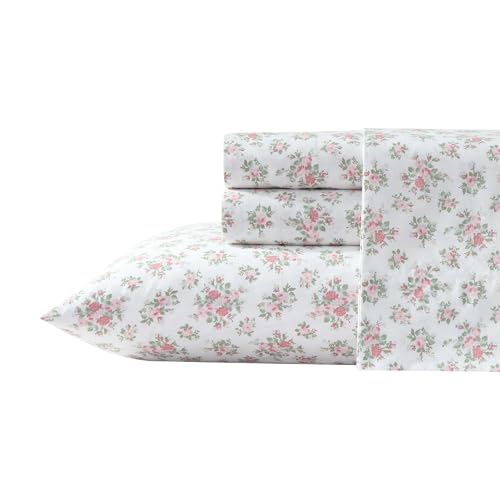Laura Ashley - Sheets, Cotton Percale Bedding with Matching Pillowcase, Crisp & Breathable, Deep Pocket, Fully Elasticized (Leanna Rose Pink, Twin)