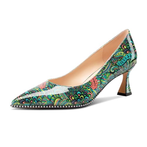 Image of TNYNFBEB Womens Mid Kitten Heel Pointed Toe Pumps Slip-on Silver Beaded Prom Party Dress Patent Leather 2.6 Inches Heels