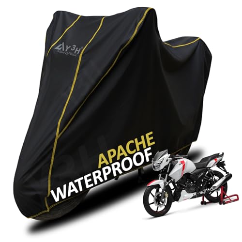 Image of Bike Body Cover TVS Apache Full Body Cover with Waterproof, Dust Proof, UV Rays Protective, Tripple Stitching & Lightweight Two Wheeler Covers - Black with Waterproof Yellow Piping