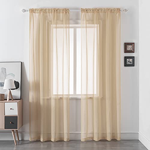 DUALIFE Light Brown Sheer Curtains 108 Inches Long Rod Pocket Light Kakhi Taupe Brown Voile Curtain Panels/Window Drapes for Living Room and Bedroom Window Treatments 2 Panels 52x108 Inch