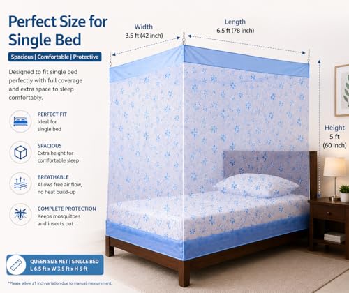 Image of ANS Single Bed Mosquito Net for Bed Floral Print with Cotton Border, Breathable Free Air Flow Mesh, Hanging Mosquito Net for Single Bed, 3.5 x 6.5 ft, Height 5 ft, Blue Floral