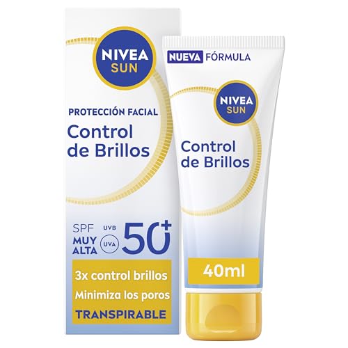 NIVEA SUN Control de Brillos Protección Facial FP50+ Transpirable - Matificante 12 h - Carnitina, Tapioca, Almidón de Arroz, Licocalcón A - Textura Ligera y 0% Sensación Grasa - Piel grasa - 40 ml