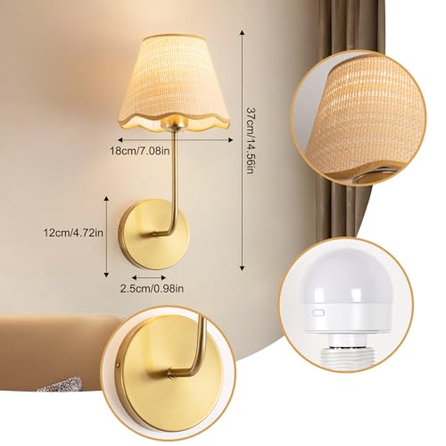 Image of ADISUN Battery Operated Wall Sconce Set of 2, Gold Wall Lamps for Living Room, Rechargeable Bulbs, RGB. Rattan Shade Wireless Wall Lights for Bedroom Living Room Hallway Kitchen(Bulbs Included)