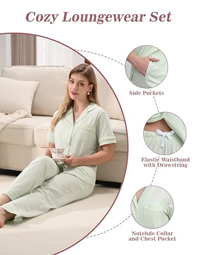 Image of NAP BOUND 100% Cotton Women's Pajama Sets Short Sleeve Button Down Soft Pjs 2 Piece Lounge Set with Pocket Nightwear XS-XXL