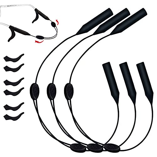 Glasses Strap Adjustable Eyewear Retainer 3pcs Universal Fit Sports Sunglasses Retainer No Tail Sunglass Strap Unisex Eyeglass Holder Straps + 6pcs Glasses Ear Grip(L - Temples above 2")