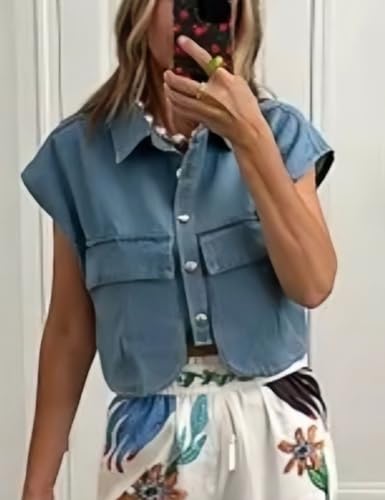 Womens Denim Cropped Button Down Shirt Collared Sleeveless Summer Loose Jean Crop Top with Pockets4