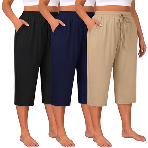 Huukeay 3 Pack Women's Plus Size Capris, Drawstring Cotton Yoga Capri Sweatpants Summer Casual Loose Cropped Pant with Pocket