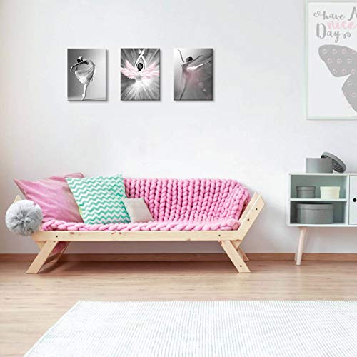Girls Bedroom Decor Ballet Dancer Wall Pictures For Bedroom Black And White With Pink Home Decorations Artwork For Home Walls Pink Wall Art For Bedroom 3 Pieces Canvas Art Set Framed 12X16Inchx3Pcs #TOP6