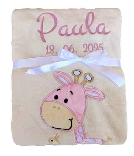 Wuff-Dogsworld Babydecke mit Namen und Geburtsdatum Bestickt, personalisierte Kuscheldecke, viele Motive & Farben, Geschenk zur Geburt für Mädchen & Jungen (beige Giraffe rosa)