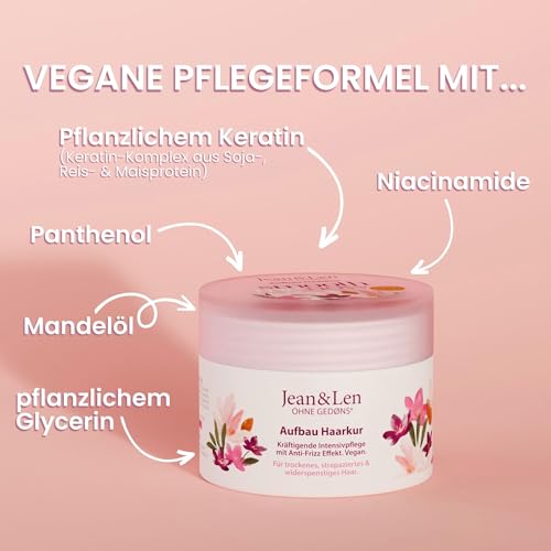 Jean & Len Aufbau Haarkur Mandel & Keratin, für stark strukturgeschädigtes Haar, repariert & reduziert Spliss sowie Haarbruch, glättet die Haarstruktur, Haarkur ohne Parabene & Silikone, vegan, 250 ml – Bild 3