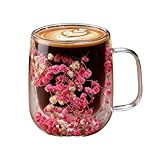 Vasos de vidrio con asa, vasos de doble pared con flores secas transparentes, taza de té de flores, mango resistente al calor, elegante taza de té de café, para en casa, picnic, camping, jardín