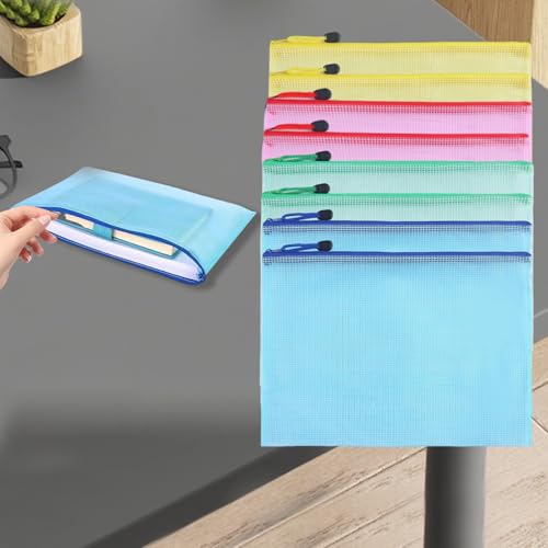A6 Bolsa de documentos com zíper de malha, conjunto de 8 bolsas organizadoras de arquivos portáteis para recibos de notas, escritório, material de armazenamento escolar (multicolorido)