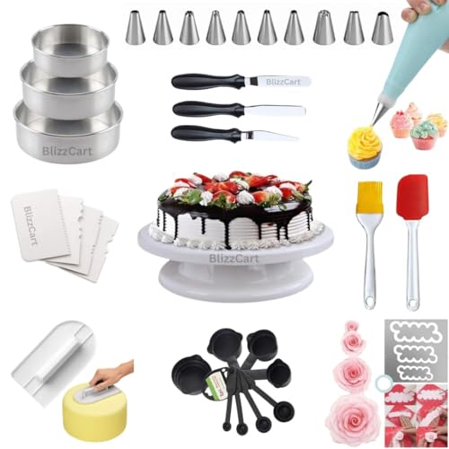 Image of Cake Decoration Kit with 360-Degree Rotating TurntableTable, 12 Piece Cake Decorating Nozzle, Scraper Set, Silicone Spatulaa,Round Cake Mould (Combo 4)