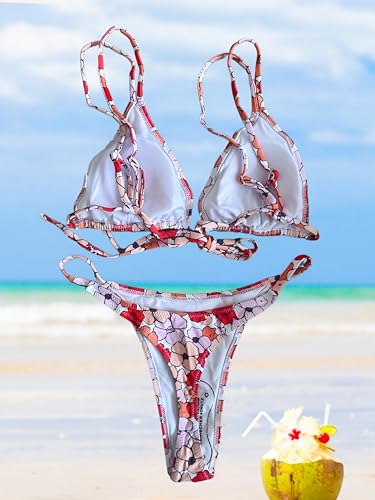Image of Women's Sexy Thong Bottom Two Piece Bikini Double Shoulder Straps Cute Swimsuit Triangle Bathing Suit
