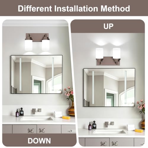 Image of Bathroom Light Fixtures, Oil Rubbed Bronze Bathroom Lighting Fixtures Over Mirror, Modern Vanity Light with White Glass Shade, Restroom Lighting Fixtures, 2-Light 13-inch