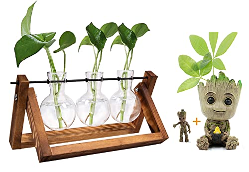 Huike Vermehrungsstation Für Pflanzen Glas Vase Pflanzer Mit Holzständer Glas Blumentopf Innen, Baby Groot Blumentopf Mit Schlüsselanhänger Pflanztopf ich Bin Groot Figur für deko & Stifthalter Cover