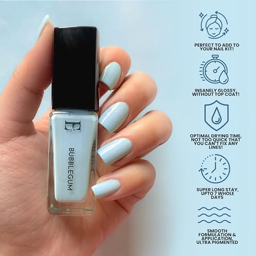 Image of Ellement Co Bubblegum Pastel Blue Nail Paint 10 ML | High Gloss Salon Shine Nail Colour | Quick Dry, Long Lasting & Chip Resistant Formula | Smooth Streak-Free Application | Vegan, Non-Toxic, Paraben Free & Dermatologically Tested Nail Polish