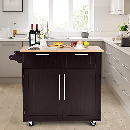 image for COSTWAY Kitchen Island on Wheels, Kitchen Cart with Side Towel Bar, 2 