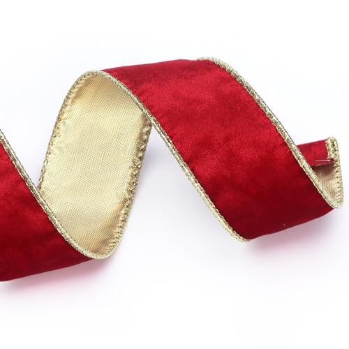 Image of Ribbli Red Velvet Wired Ribbon 1.5 Inch Metallic Red Gold Crushed Velvet Christmas Ribbon for Gift Wrapping Christmas Tree Decoration Crafts Wreaths Supplies-Continuous 10 Yards