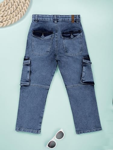 Image of KiddoPanti Boys Cargo Pants | 100% Cotton Twill | Comfortable Regular Fit | Elastic Waistband & Zip Fly | 6 Pocket Lower for Kids | Full-Length Casual Wear