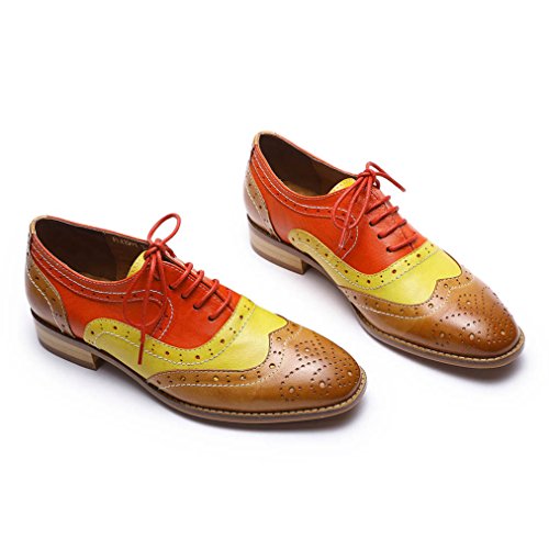 Mona Flying Women's Leather Perforated Lace-Up Saddle Oxfords Brogue Wingtip Derby Shoes #TOP6