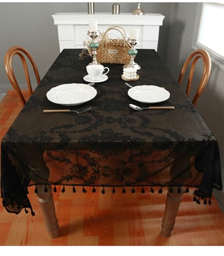 Nappe rectangulaire noire motif dentelle et fleurs table basse