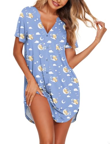 Image of Ekouaer Women V Neck Button Down Nightgown